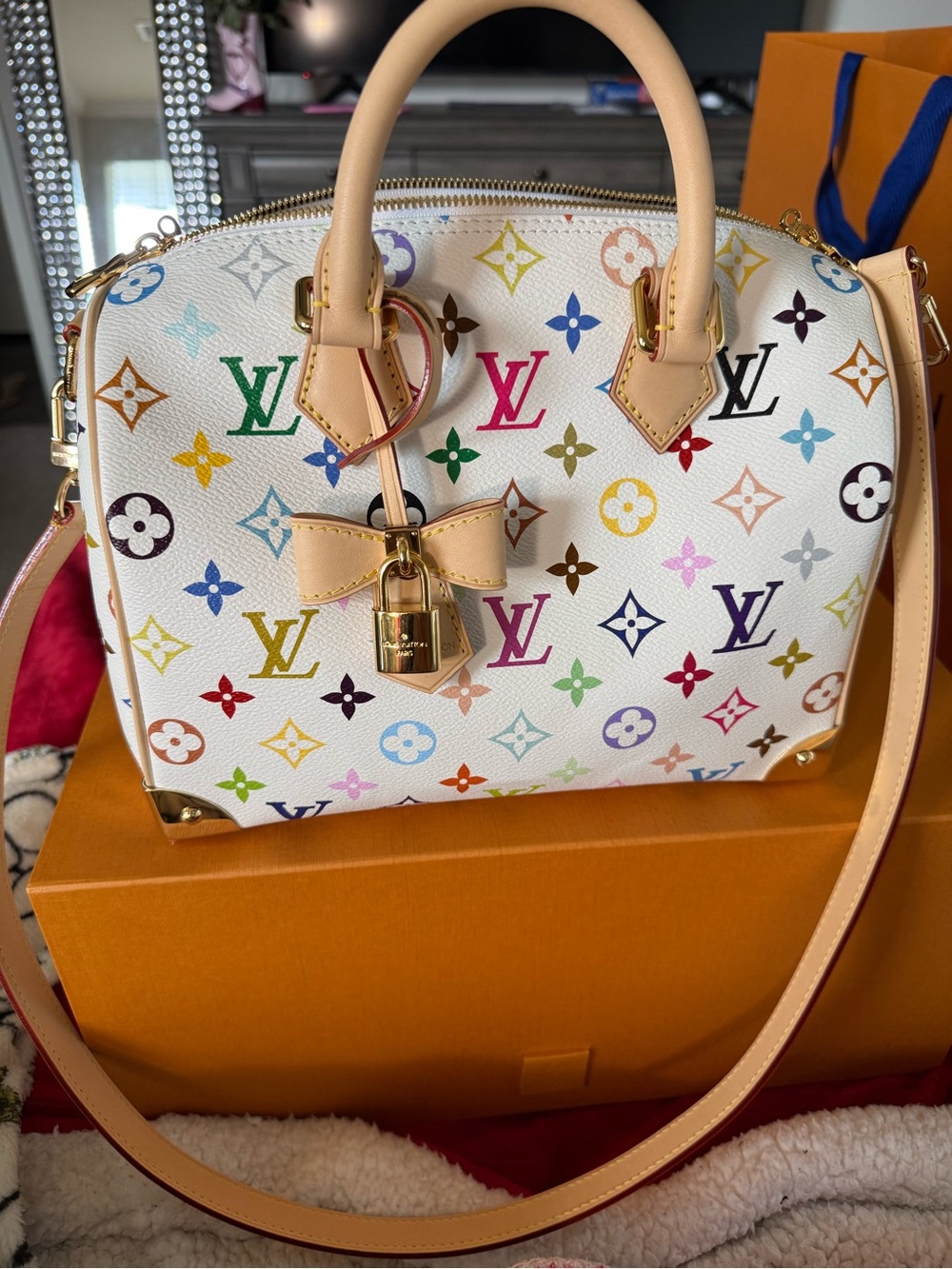 Louis Vuitton White Multicolor Monogram Satchel with Vachetta Handles